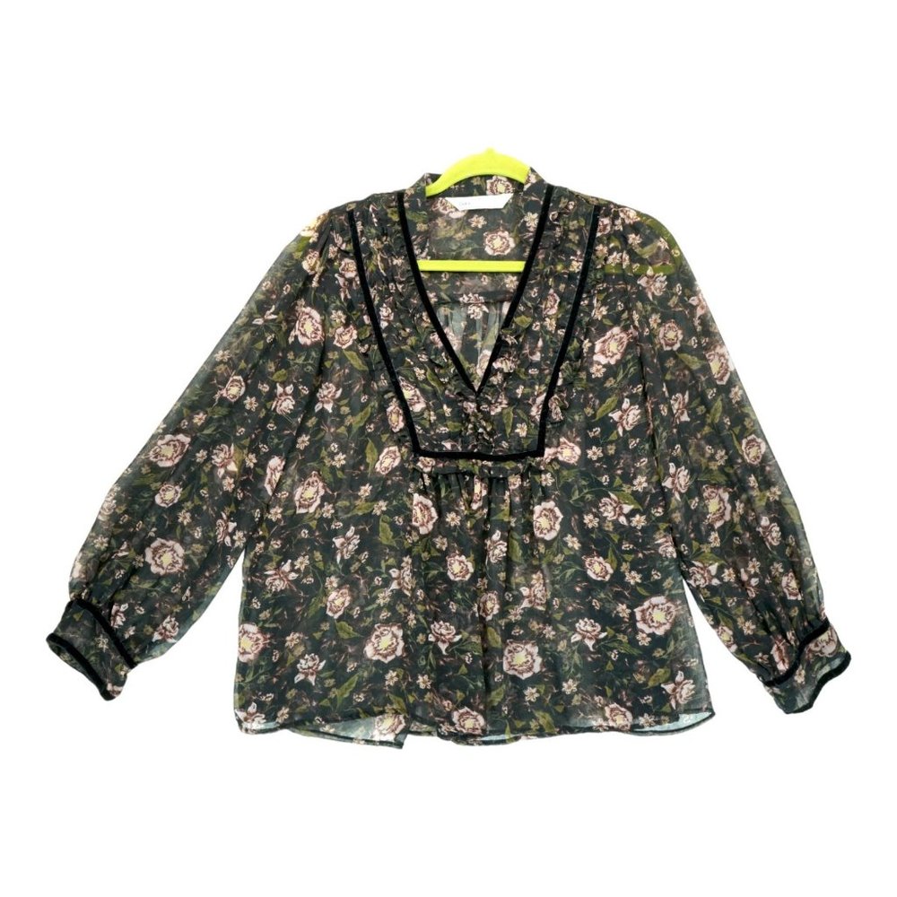 Zara Basic Z1975 Denim Blouse Womens Small Floral Long Sleeve Ruffle